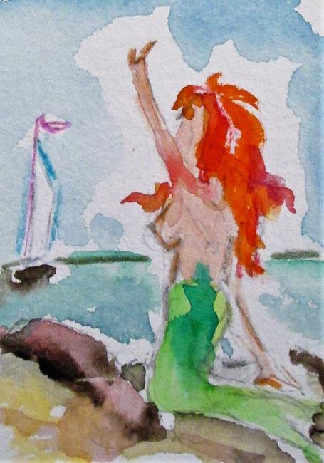 Art: Mermaid and Passing Sailboat-sold by Artist Delilah Smith