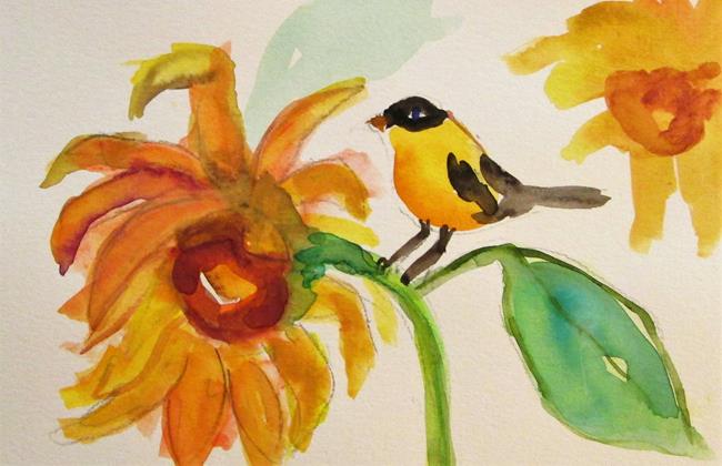 Art: Goldfinch and Sunflowers by Artist Delilah Smith