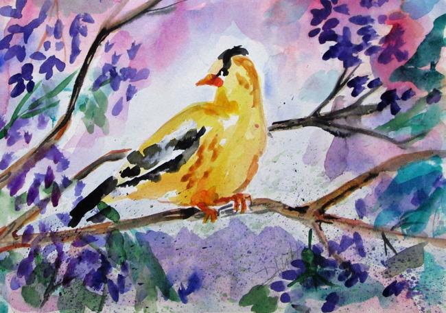 Art: Finch in a Lilac Bush by Artist Delilah Smith