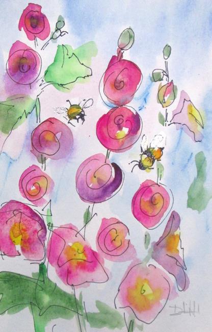 Art: Hollyhocks and Bees by Artist Delilah Smith