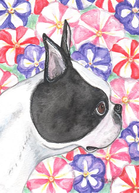 Art: Boston Terrier and Petunias by Artist Melinda Dalke