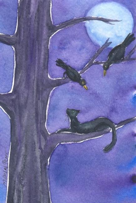 Art: The Moon, A Black Cat, Two Crows and a Tree by Artist Melinda Dalke