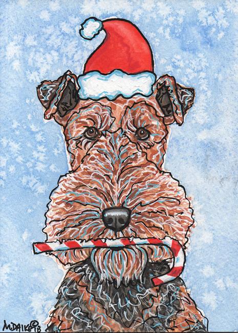 Art: Santa Dog & Candy Cane 1 - Airedale by Artist Melinda Dalke