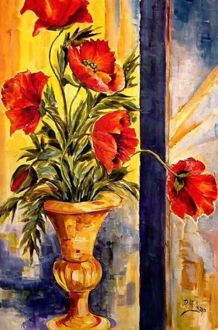 Art: Poppies with Brass Vase by Artist Diane Millsap