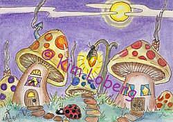 Art: Lady Bug Village at Night - SOLD by Artist Kim Loberg