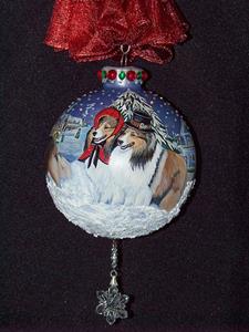 Detail Image for art Bark the Herald Six Sheltie's Sing 360 Christmas Ornament Detail Image for art Bark the Herald Six Sheltie's Sing 360 Christmas Ornament