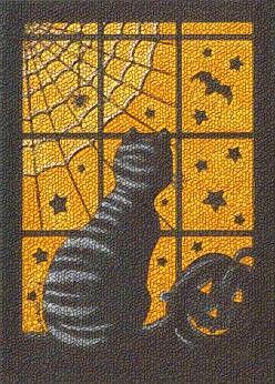 Art: HALLOWS EVE WATCH Cat Bat Rug Needlework Cross Stitch Design by Artist Susan Brack
