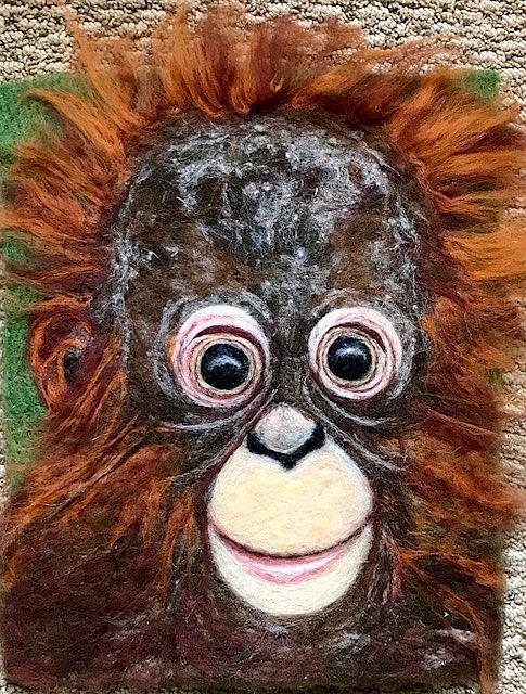 Art: Needle felted Wool Painting - Orangutan Baby by Artist Ulrike 'Ricky' Martin