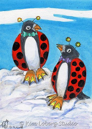 Art: Adelie Penguin Lady Bugs Chatting by Artist Kim Loberg