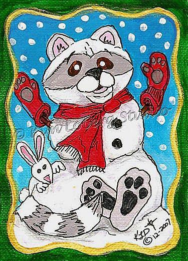 Art: Snow Raccoon - Rabbit SOLD by Artist Kim Loberg