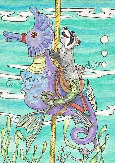 Art: Raccoon Hippocampus Riding the Sea Horse Carousel by Artist Kim Loberg