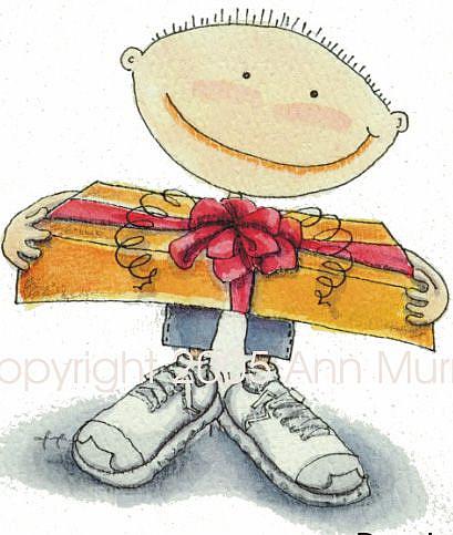 Art: Boy with Gift Box Greeting Card by Artist Ann Murray