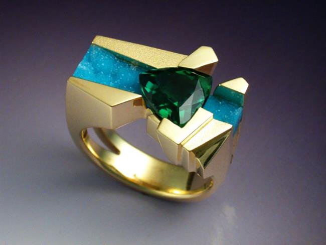 Art: Unique 18k gold ring with Tourmaline and Chrysocolla by Artist John Biagiotti