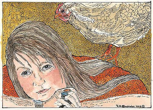 Art: Theodora and the Chicken by Artist Theodora Demetriades 