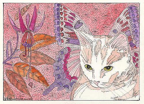 Art: WHITE KITTY AND FUCHSIA by Artist Theodora Demetriades 