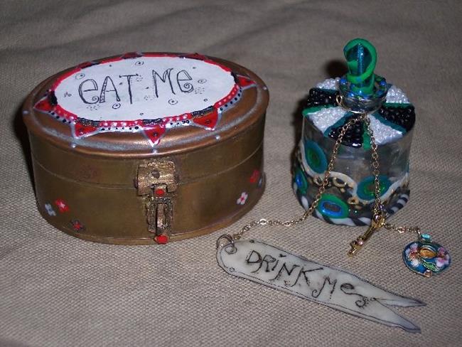 Art: Eat Me and Drink Me Alice in wonderland box and bottle by Artist Emily J White