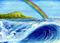 Art: Rainbow Over Diamondhead and Waves by Artist Hiroko Reaney