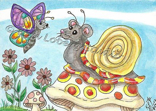 Art: Nice To Meet You! Butterfly Mouse & Snail by Artist Kim Loberg