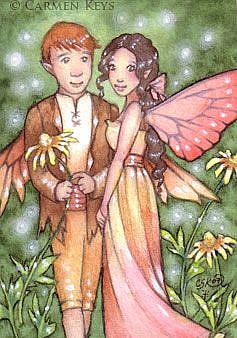 Art: Two Shy Pixies - ACEO by Artist Carmen Medlin