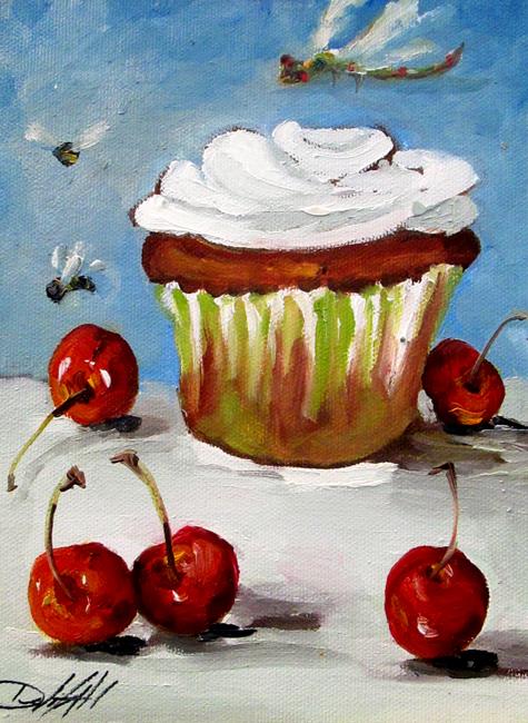 Art: Cupcake with Cherries and Dragonfly by Artist Delilah Smith