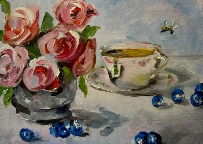 Art: Pink Roses and Blueberries by Artist Delilah Smith