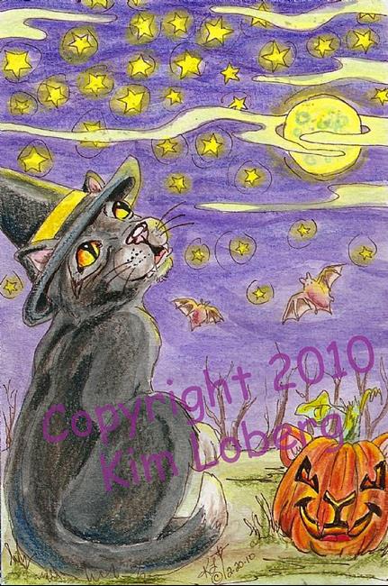 Art: The Witch's Black Cat & Cat O Lantern Watching a Starry Night SOLD by Artist Kim Loberg