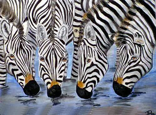 Art: Zebras drinking by Artist Dia Spriggs