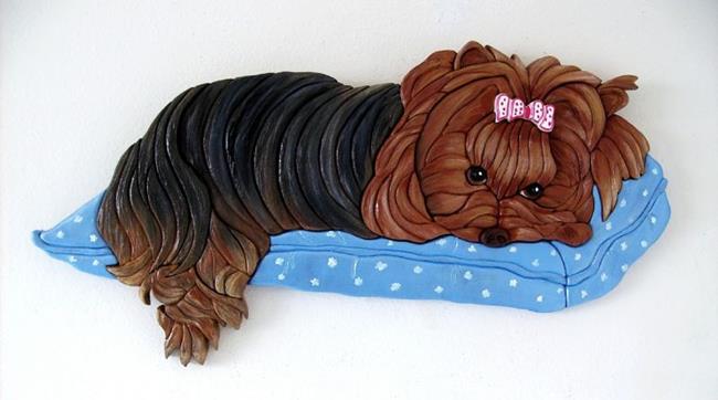 Art: MITZY  YORKSHIRE TERRIER PAINTED INTARSIA ART by Artist Gina Stern