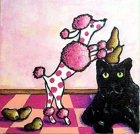 Art: Pink Polka-dots Poodle Piling Pears on a Perplexed Panther by Artist Marina Owens