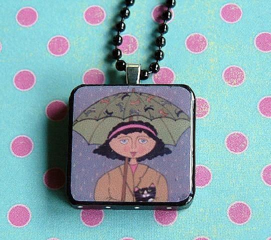 Art: umbrella cat art pendant by Artist S. Olga Linville