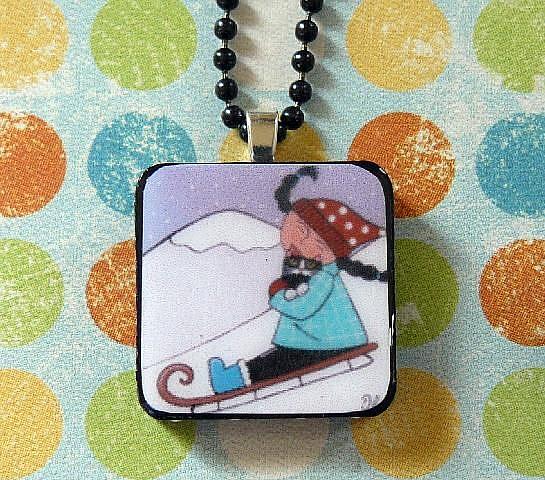 Art: sledding cat art pendant by Artist S. Olga Linville